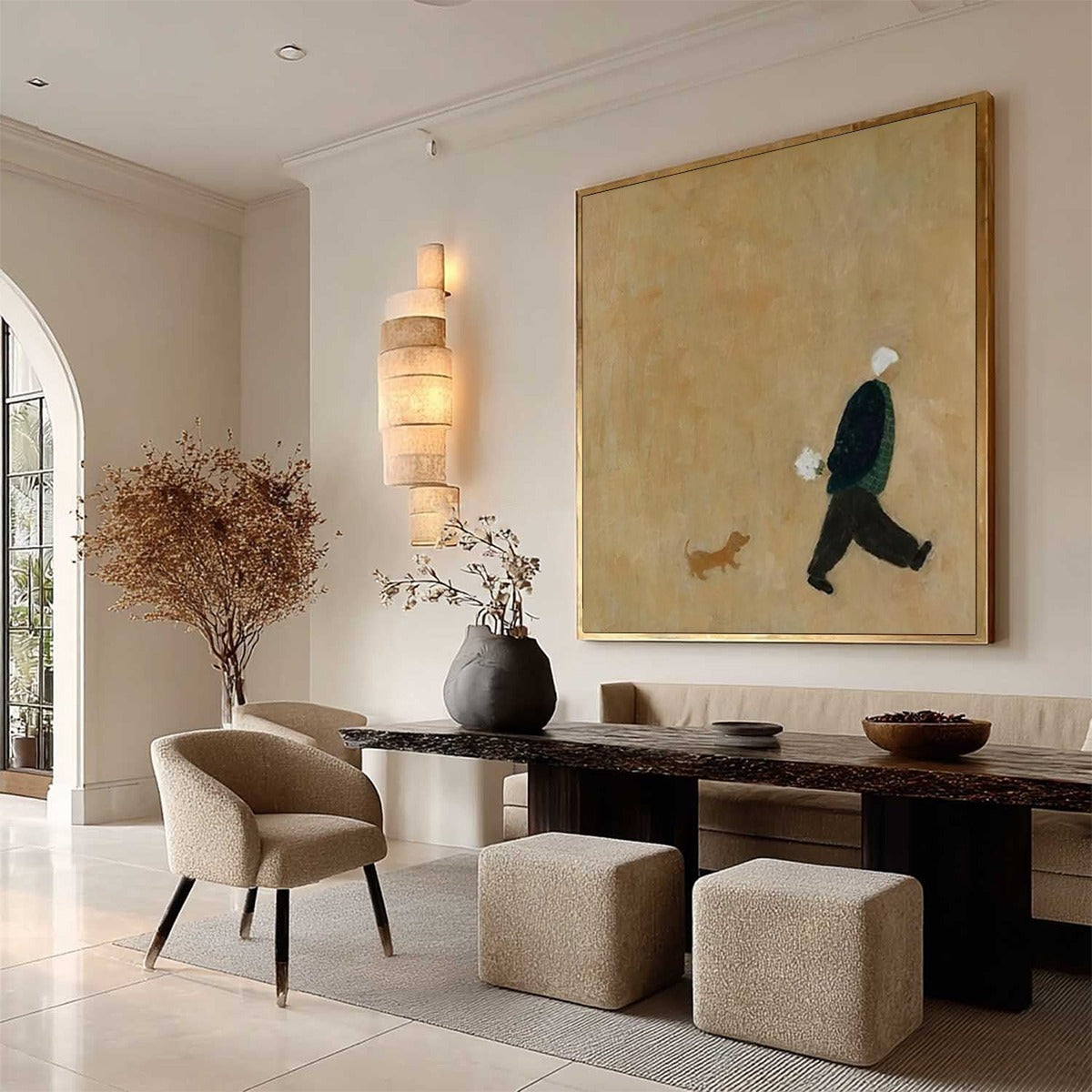 Navy and Beige Minimalist Figurative Textured Oil Painting – Afternoon Stroll