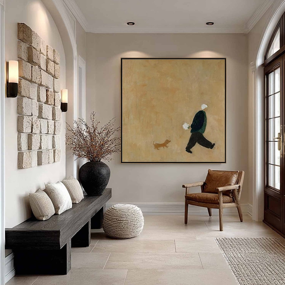Navy and Beige Minimalist Figurative Textured Oil Painting – Afternoon Stroll
