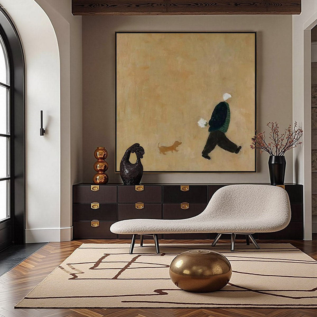 Navy and Beige Minimalist Figurative Textured Oil Painting – Afternoon Stroll