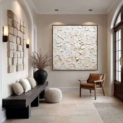 White Wabi-Sabi Cityscape Impasto Oil Painting – Alabaster Petals