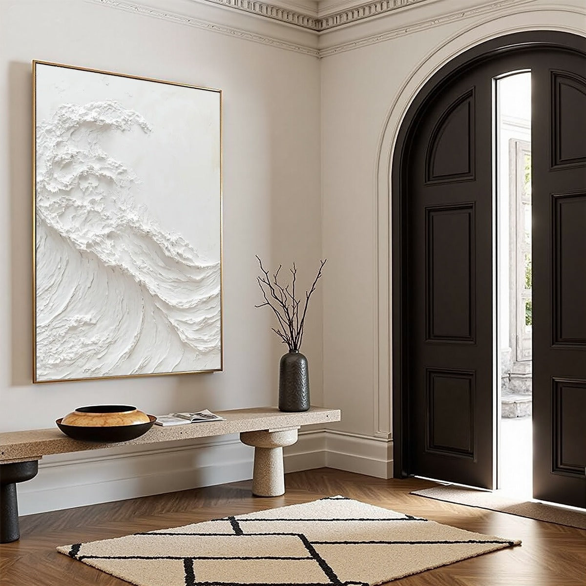 Alabaster Swell hand-painted white and soft beige textured ocean wave painting shown as stretched canvas