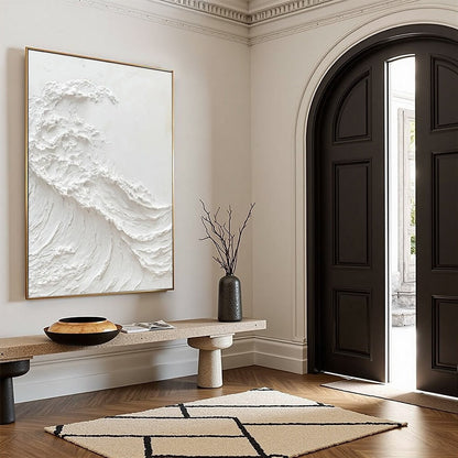 Alabaster Swell hand-painted white and soft beige textured ocean wave painting shown as stretched canvas