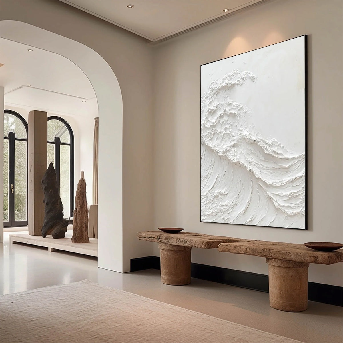 Alabaster Swell hand-painted white and soft beige textured ocean wave painting rolled canvas option