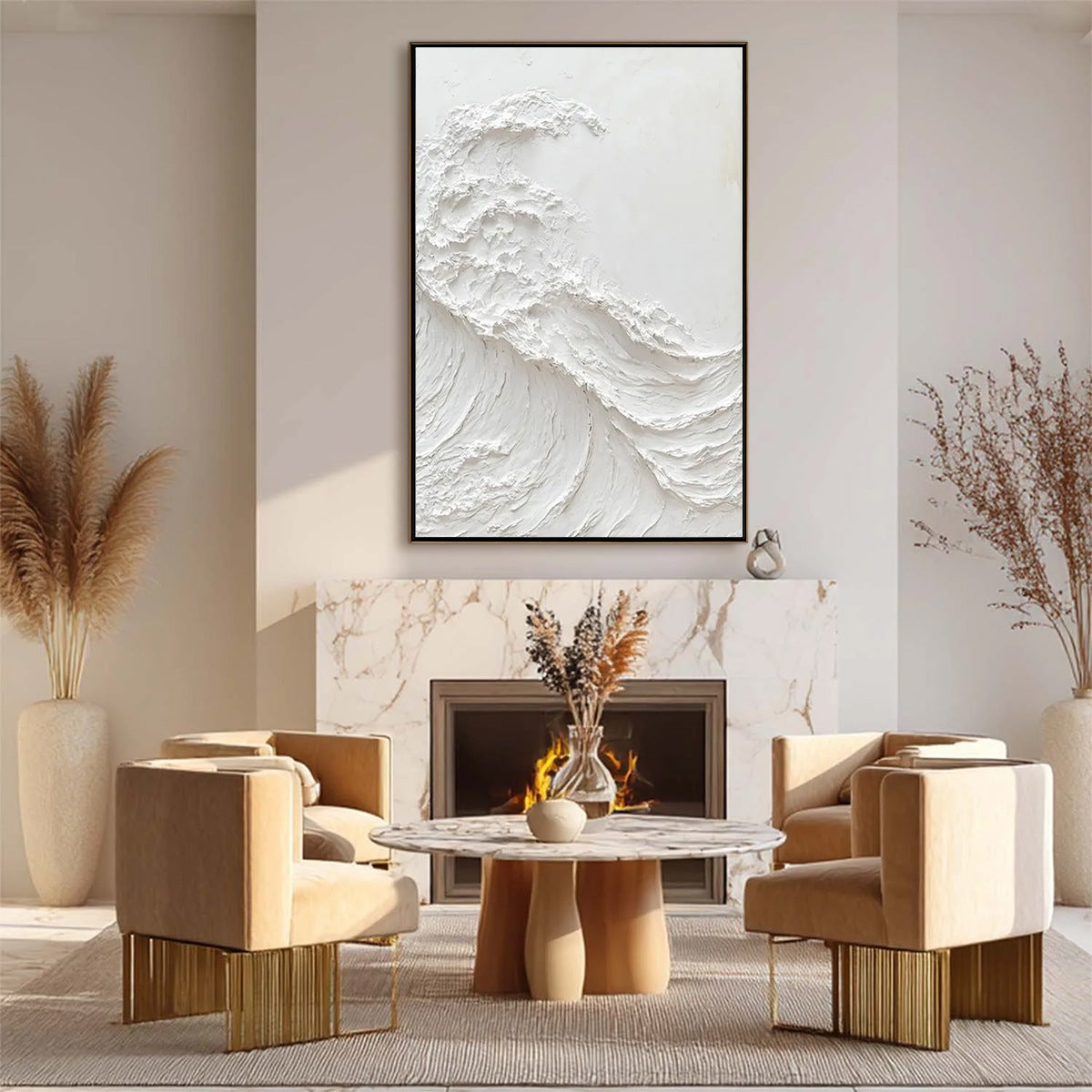 Alabaster Swell hand-painted white and soft beige textured ocean wave painting shown with white frame