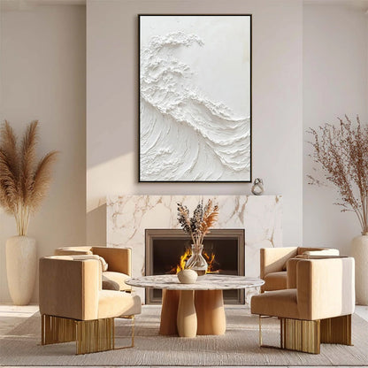 Alabaster Swell hand-painted white and soft beige textured ocean wave painting shown with white frame