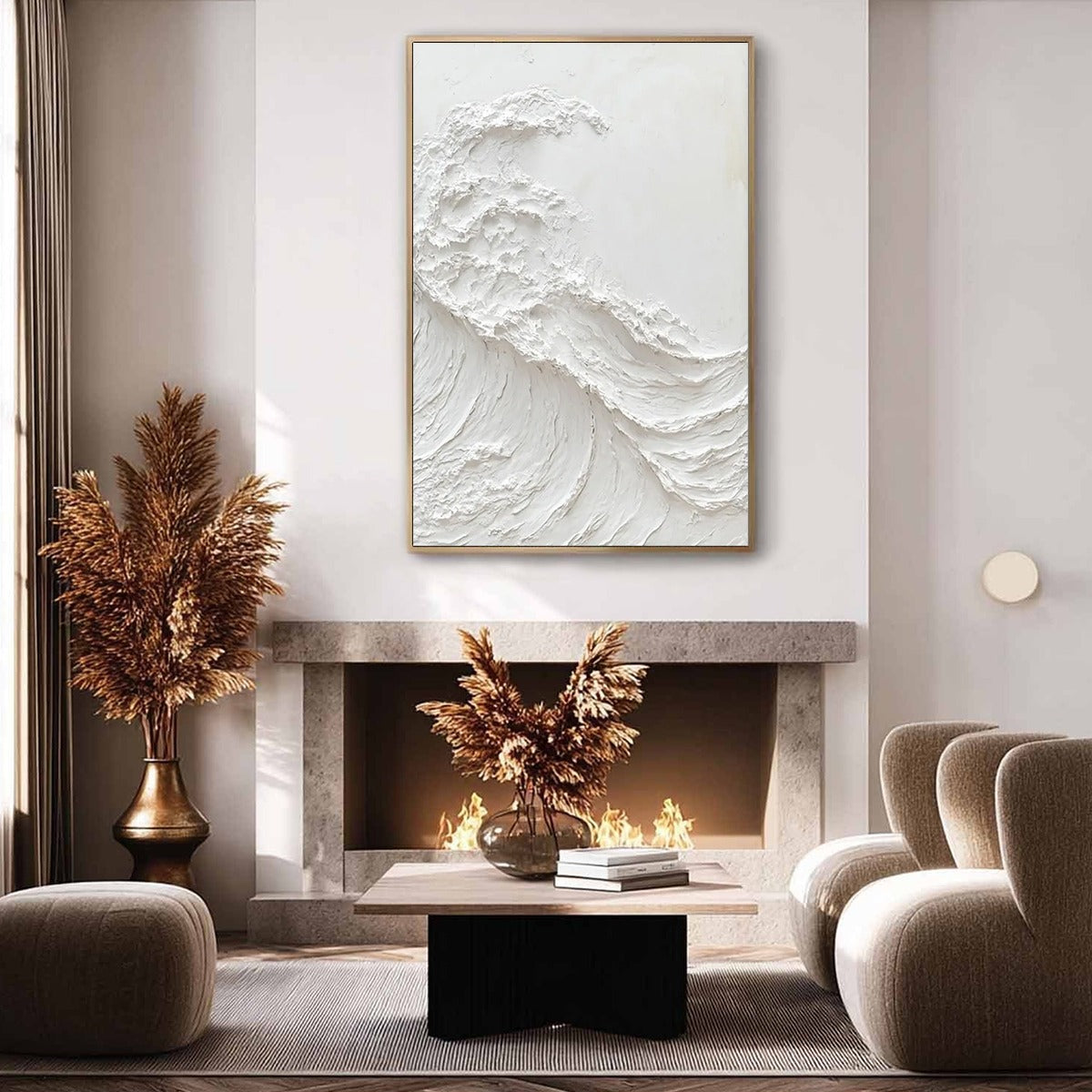 Alabaster Swell hand-painted white and soft beige textured ocean wave painting shown with wood frame