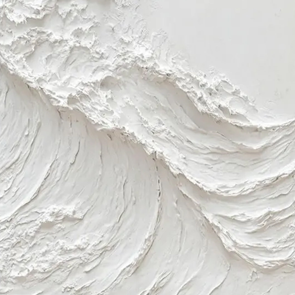 Alabaster Swell hand-painted white and soft beige textured ocean wave painting shown with silver frame