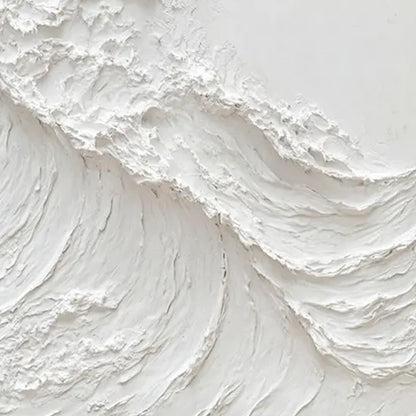 Alabaster Swell hand-painted white and soft beige textured ocean wave painting shown with silver frame