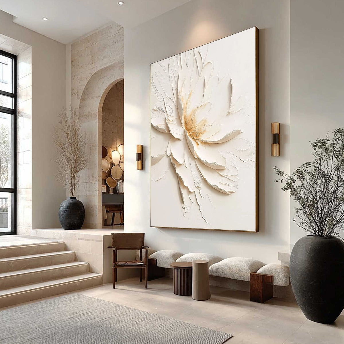 Gold and White Minimalist Peony Impasto Oil Painting – Alabaster Bloom