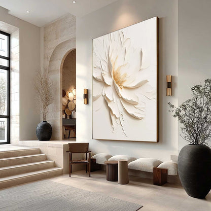 Gold and White Minimalist Peony Impasto Oil Painting – Alabaster Bloom
