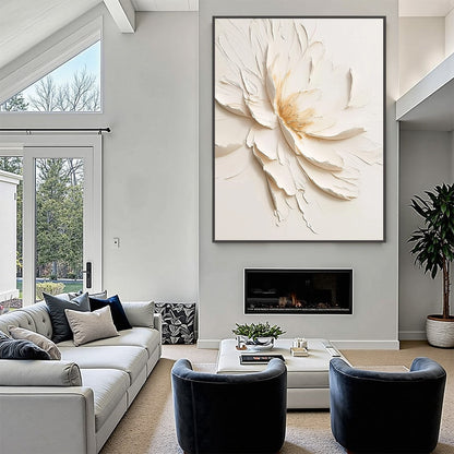 Gold and White Minimalist Peony Impasto Oil Painting – Alabaster Bloom