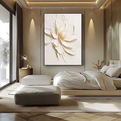 Gold and White Minimalist Peony Impasto Oil Painting – Alabaster Bloom