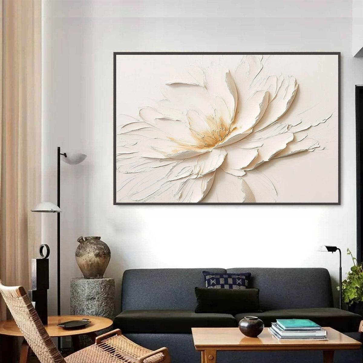 Alabaster Bloom – Minimalist Peony Impasto Oil Painting, view 3
