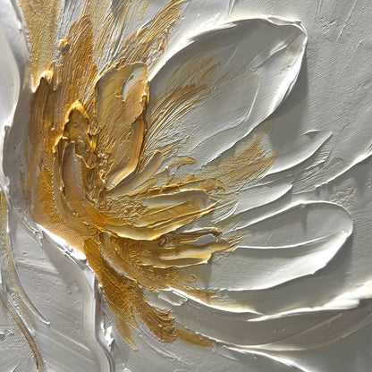 Gold and White Minimalist Peony Impasto Oil Painting – Alabaster Bloom