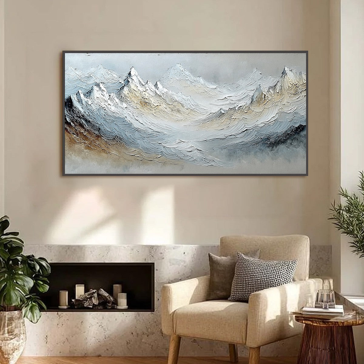 Alpine Crest hand-painted slate blue, ivory and soft grey textured abstract mountain painting shown as stretched canvas