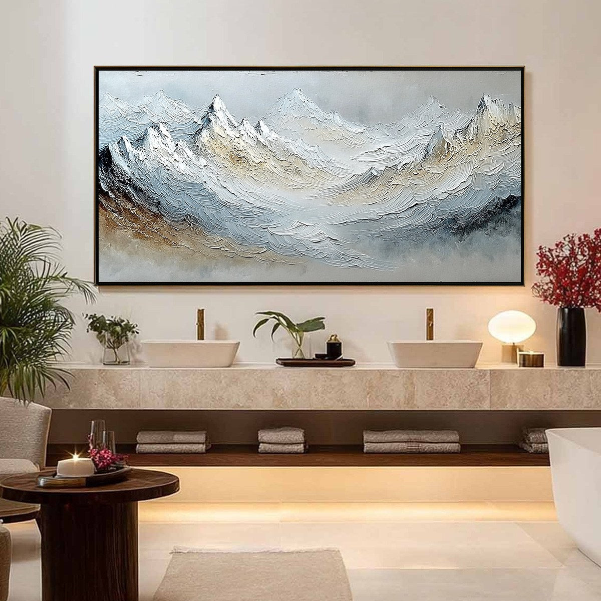 Alpine Crest hand-painted slate blue, ivory and soft grey textured abstract mountain painting shown with silver frame