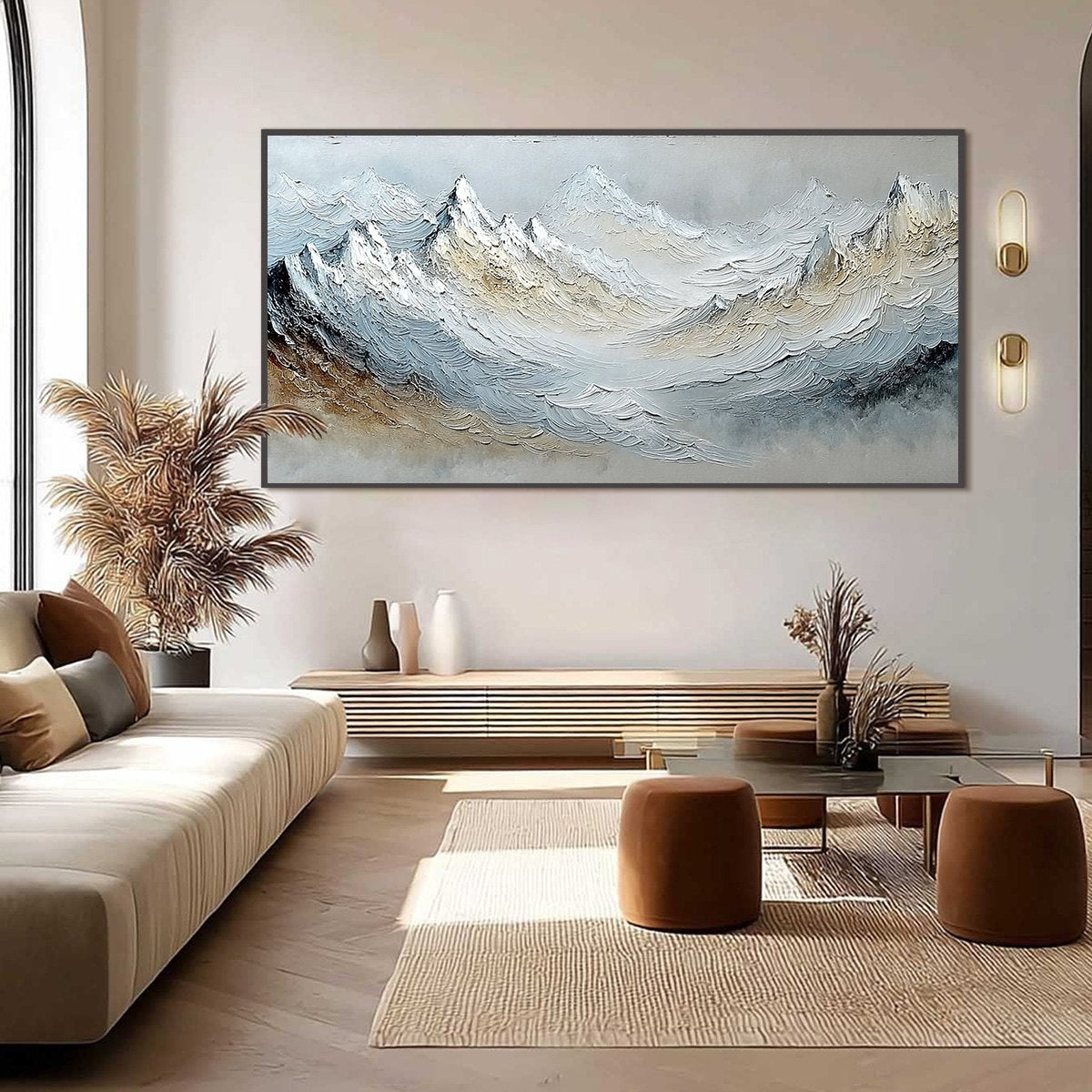 Alpine Crest hand-painted slate blue, ivory and soft grey textured abstract mountain painting shown with black frame
