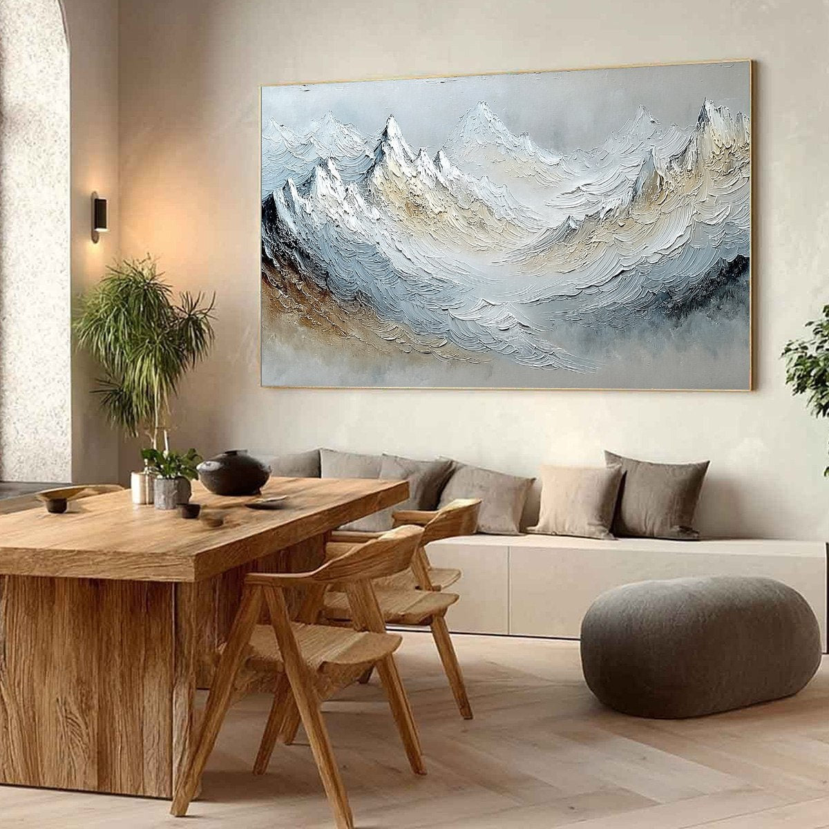 Alpine Crest hand-painted slate blue, ivory and soft grey textured abstract mountain painting shown with wood frame