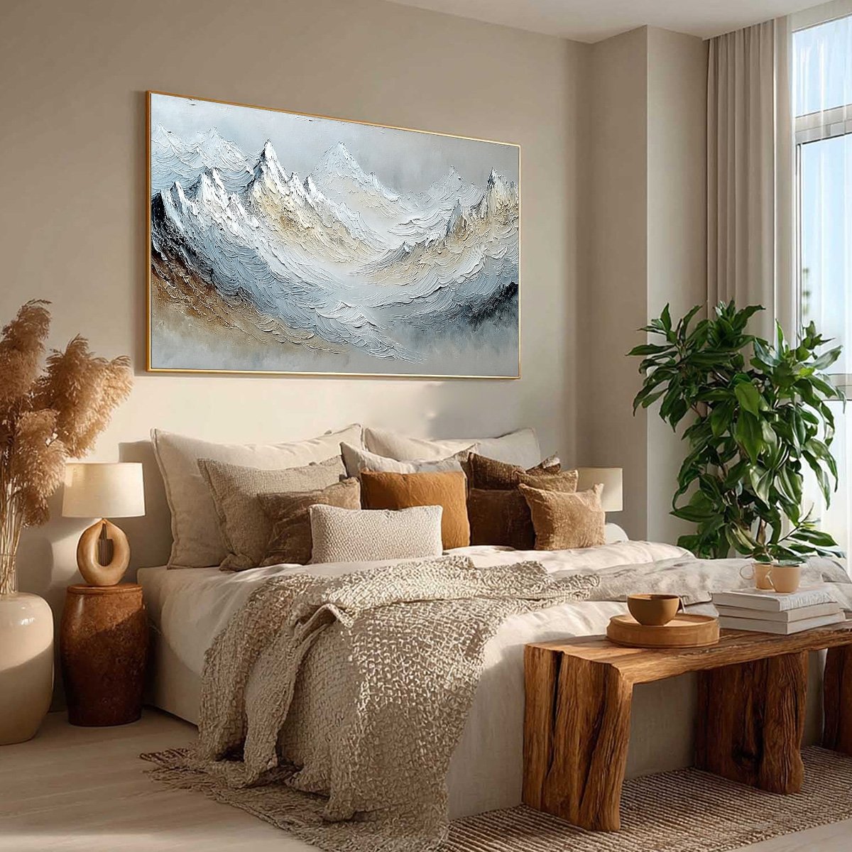 Alpine Crest hand-painted slate blue, ivory and soft grey textured abstract mountain painting rolled canvas option