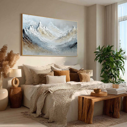 Alpine Crest hand-painted slate blue, ivory and soft grey textured abstract mountain painting rolled canvas option