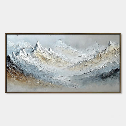 Alpine Crest hand-painted slate blue, ivory and soft grey textured abstract mountain painting rolled canvas option