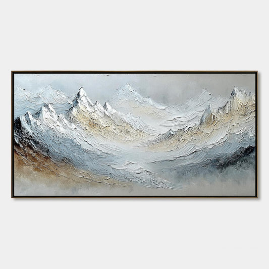 Alpine Crest hand-painted slate blue, ivory and soft grey textured abstract mountain painting rolled canvas option