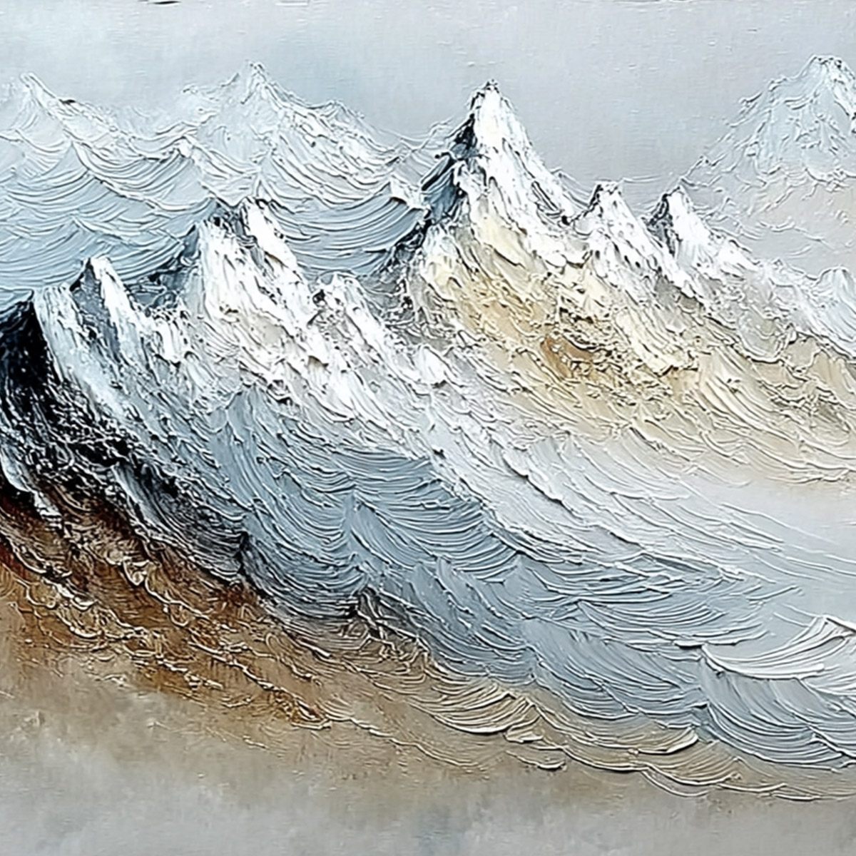 Alpine Crest hand-painted slate blue, ivory and soft grey textured abstract mountain painting shown with gold frame