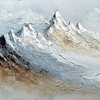 Alpine Crest hand-painted slate blue, ivory and soft grey textured abstract mountain painting shown with gold frame