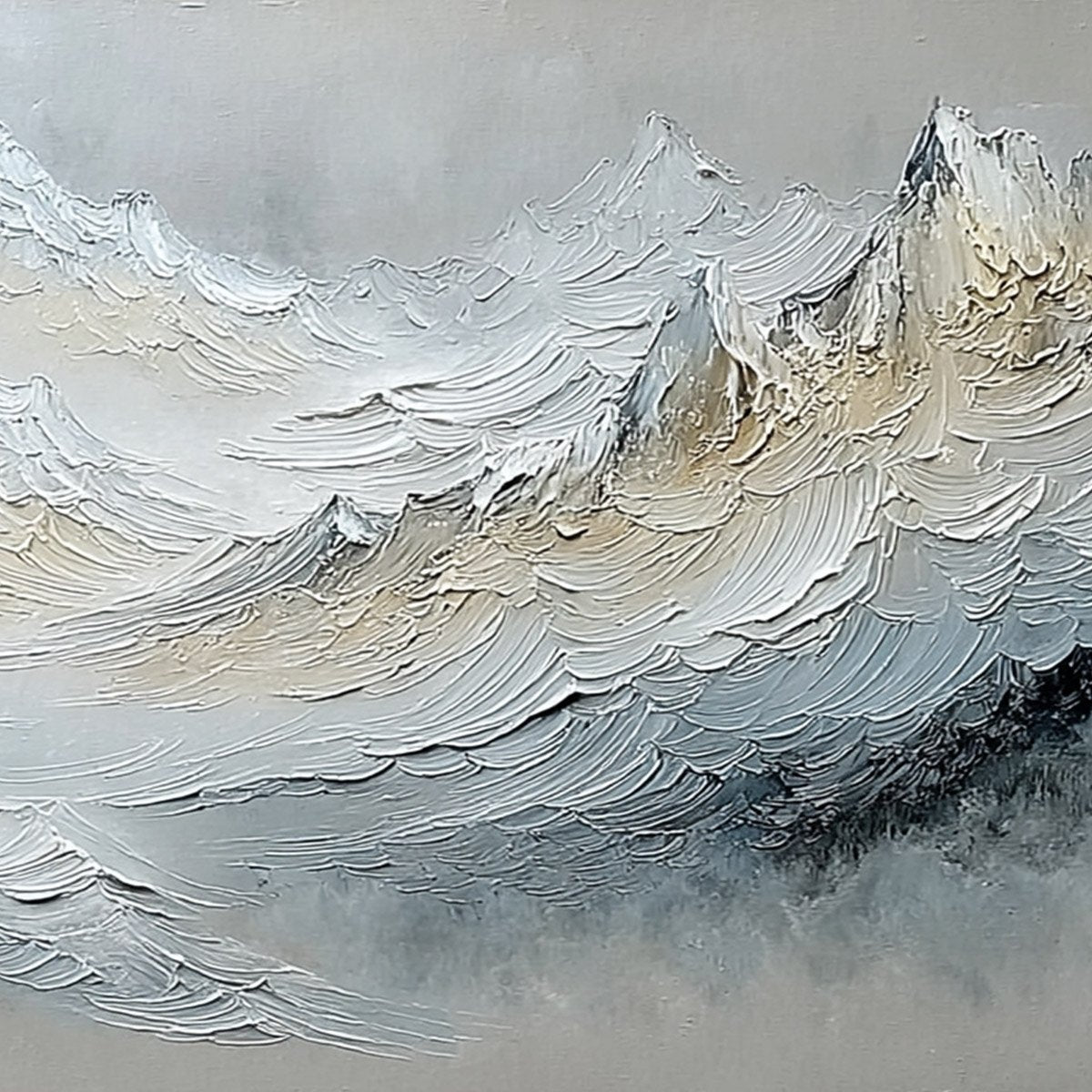 Alpine Crest hand-painted slate blue, ivory and soft grey textured abstract mountain painting shown with white frame