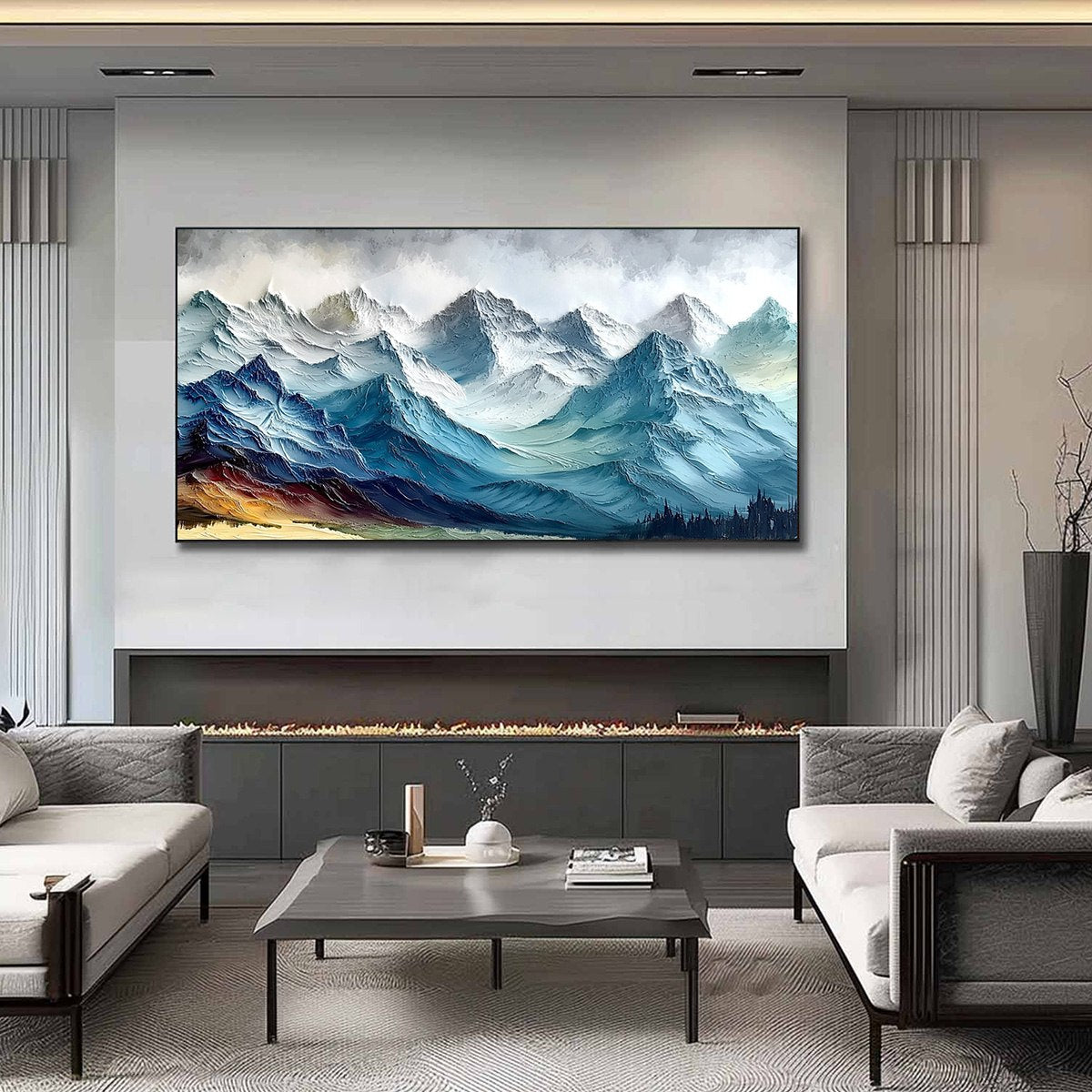 Alpine Crest hand-painted white, soft grey and slate blue textured mountain landscape painting shown as stretched canvas