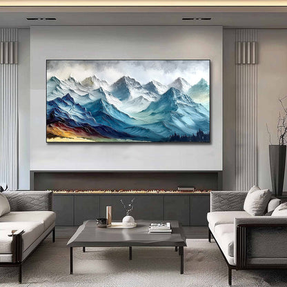 Alpine Crest hand-painted white, soft grey and slate blue textured mountain landscape painting shown as stretched canvas