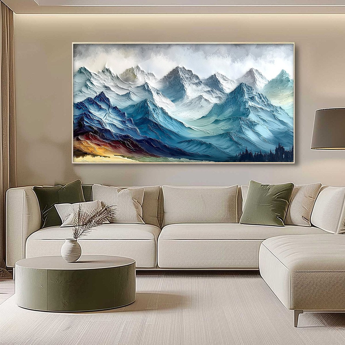 Alpine Crest hand-painted white, soft grey and slate blue textured mountain landscape painting shown with silver frame