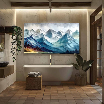 Alpine Crest hand-painted white, soft grey and slate blue textured mountain landscape painting shown with black frame
