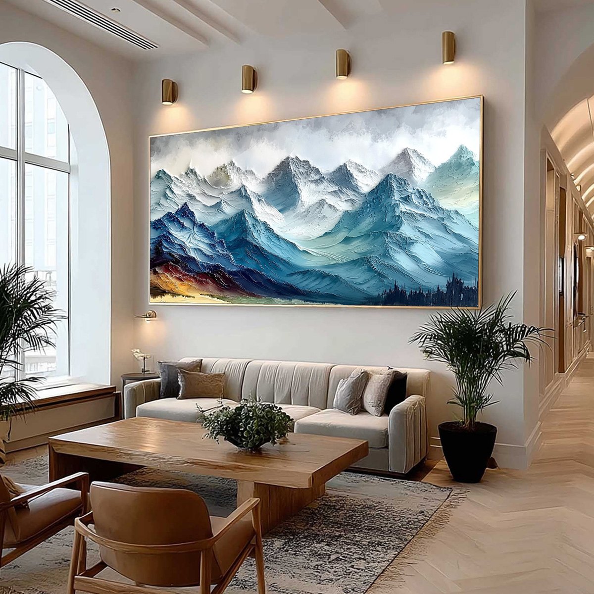 Alpine Crest hand-painted white, soft grey and slate blue textured mountain landscape painting shown with wood frame