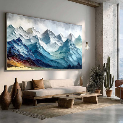 Alpine Crest hand-painted white, soft grey and slate blue textured mountain landscape painting rolled canvas option