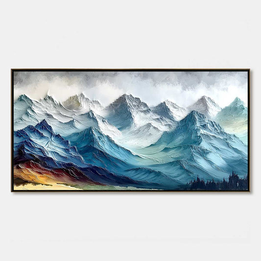 Alpine Crest hand-painted white, soft grey and slate blue textured mountain landscape painting rolled canvas option
