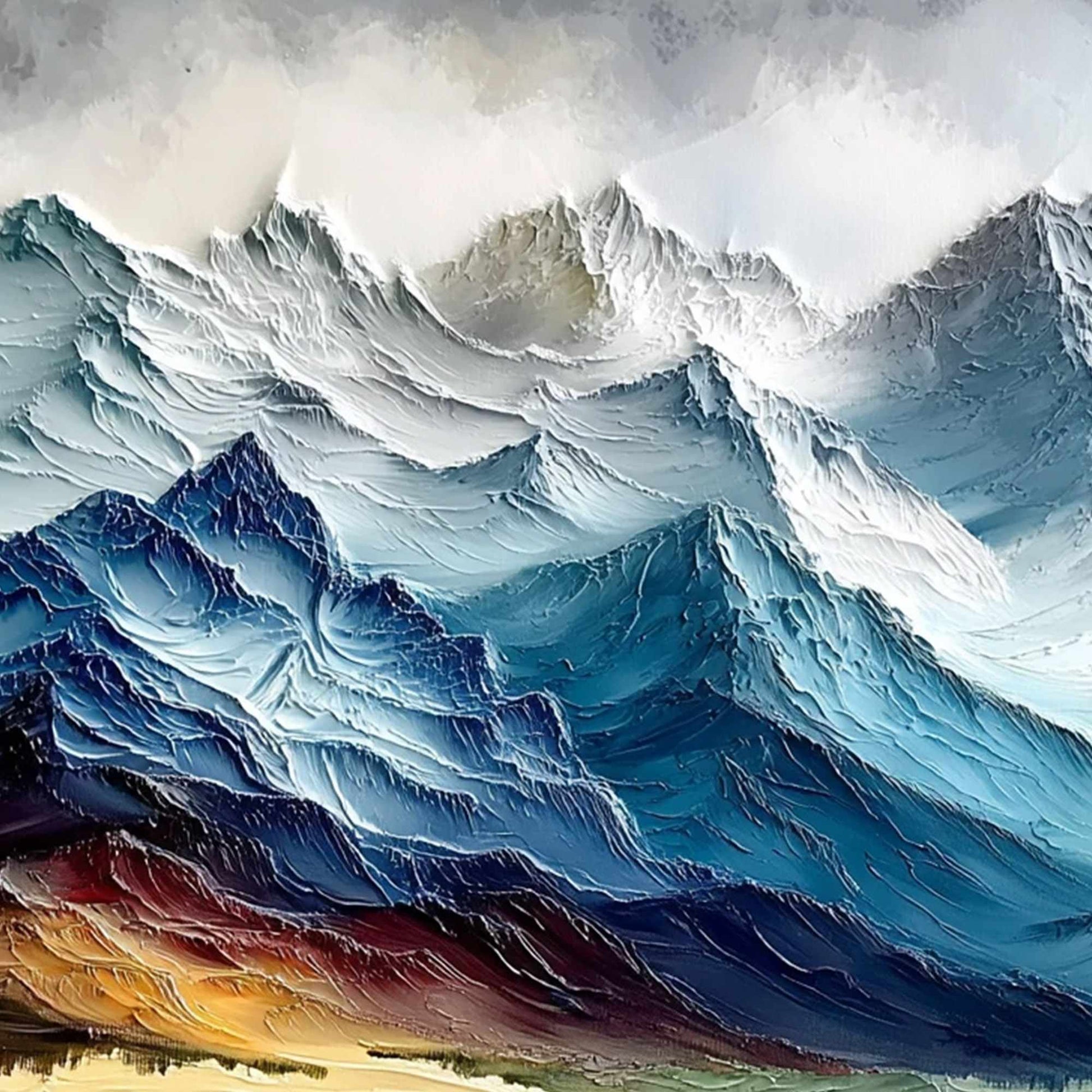 Alpine Crest hand-painted white, soft grey and slate blue textured mountain landscape painting shown with gold frame