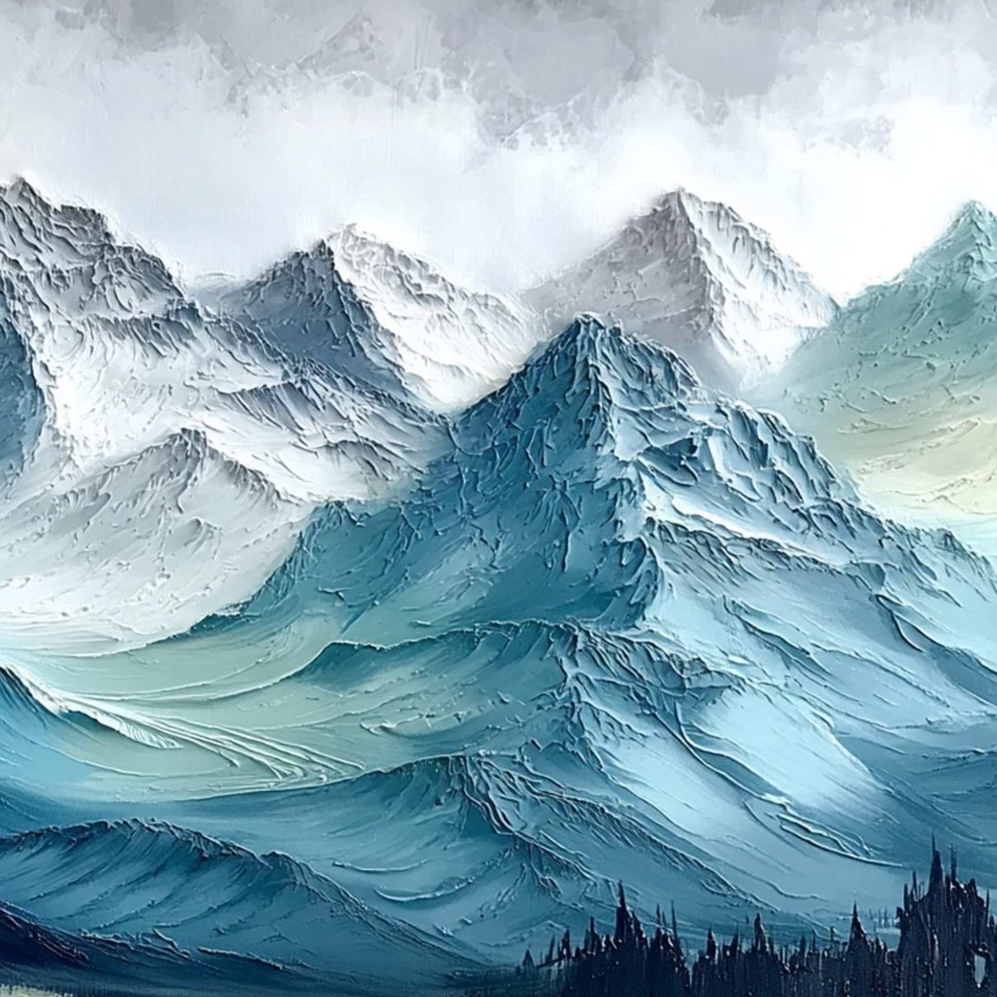Alpine Crest hand-painted white, soft grey and slate blue textured mountain landscape painting shown with white frame