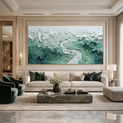 Alpine Current hand-painted slate blue, ivory and soft grey textured mountain river landscape painting shown as stretched canvas