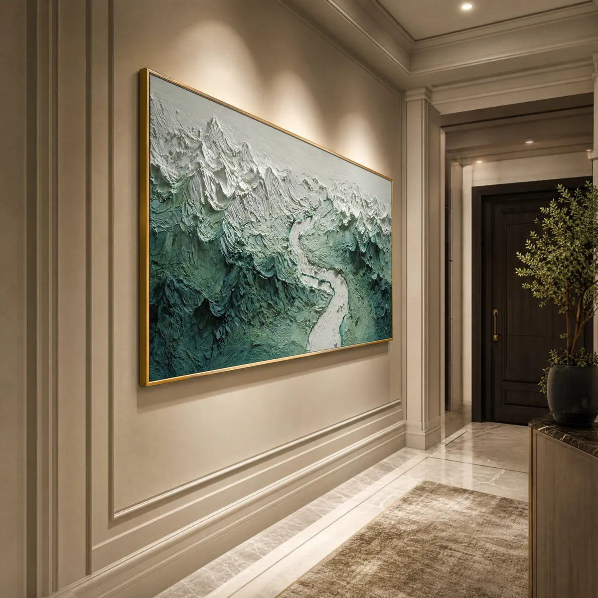 Alpine Current hand-painted slate blue, ivory and soft grey textured mountain river landscape painting shown with gold frame