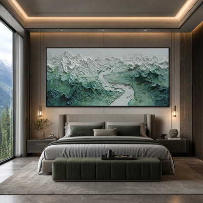 Alpine Current hand-painted slate blue, ivory and soft grey textured mountain river landscape painting shown with silver frame