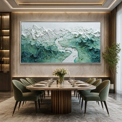 Alpine Current hand-painted slate blue, ivory and soft grey textured mountain river landscape painting shown with white frame