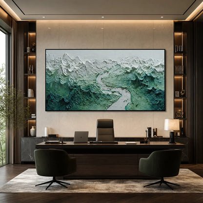 Alpine Current hand-painted slate blue, ivory and soft grey textured mountain river landscape painting shown with black frame