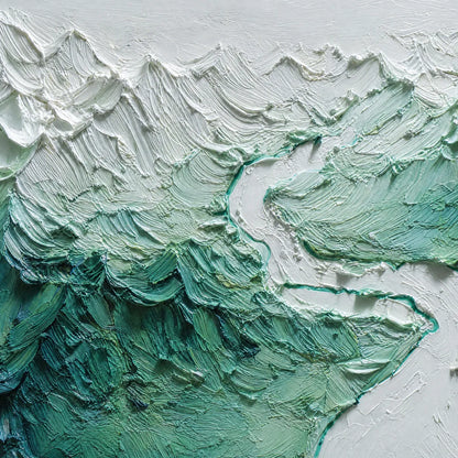 Alpine Current hand-painted slate blue, ivory and soft grey textured mountain river landscape painting shown with wood frame