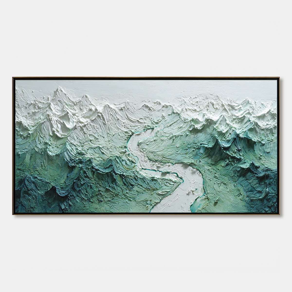 Alpine Current hand-painted slate blue, ivory and soft grey textured mountain river landscape painting rolled canvas option