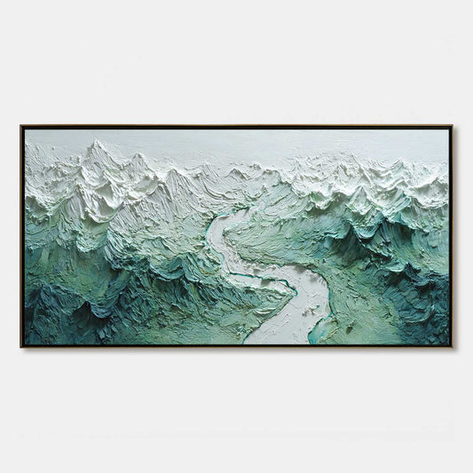 Alpine Current hand-painted slate blue, ivory and soft grey textured mountain river landscape painting rolled canvas option