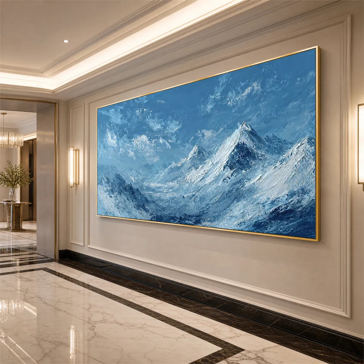 Alpine Echo hand-painted ocean blue and ivory textured mountain landscape painting shown with silver frame