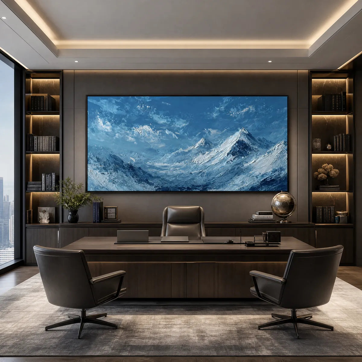 Alpine Echo hand-painted ocean blue and ivory textured mountain landscape painting shown with white frame