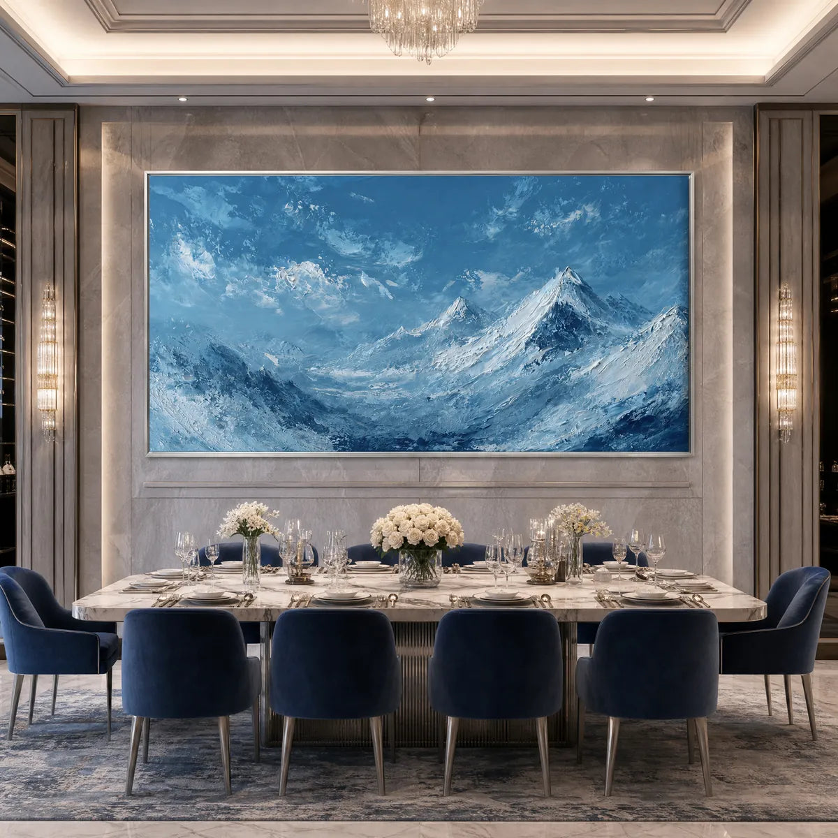 Alpine Echo hand-painted ocean blue and ivory textured mountain landscape painting shown with black frame