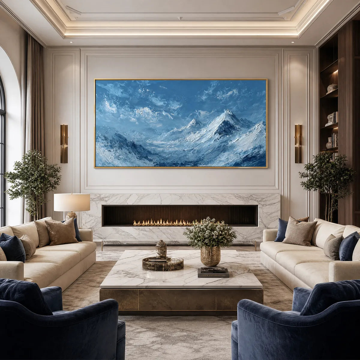 Alpine Echo hand-painted ocean blue and ivory textured mountain landscape painting shown with wood frame